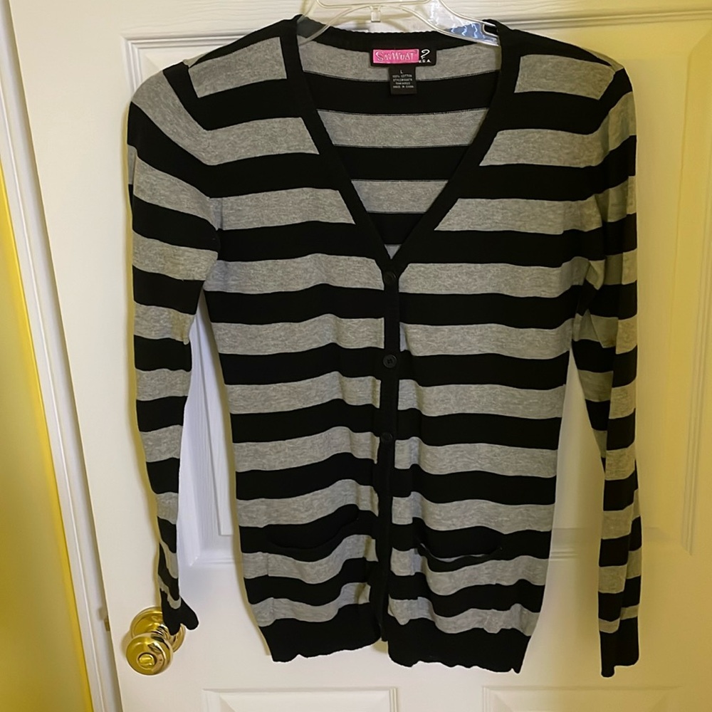 SAY WHAT? BLACK & GRAY BUTTONED DOWN SWEATER WITH FRONT POCKETS